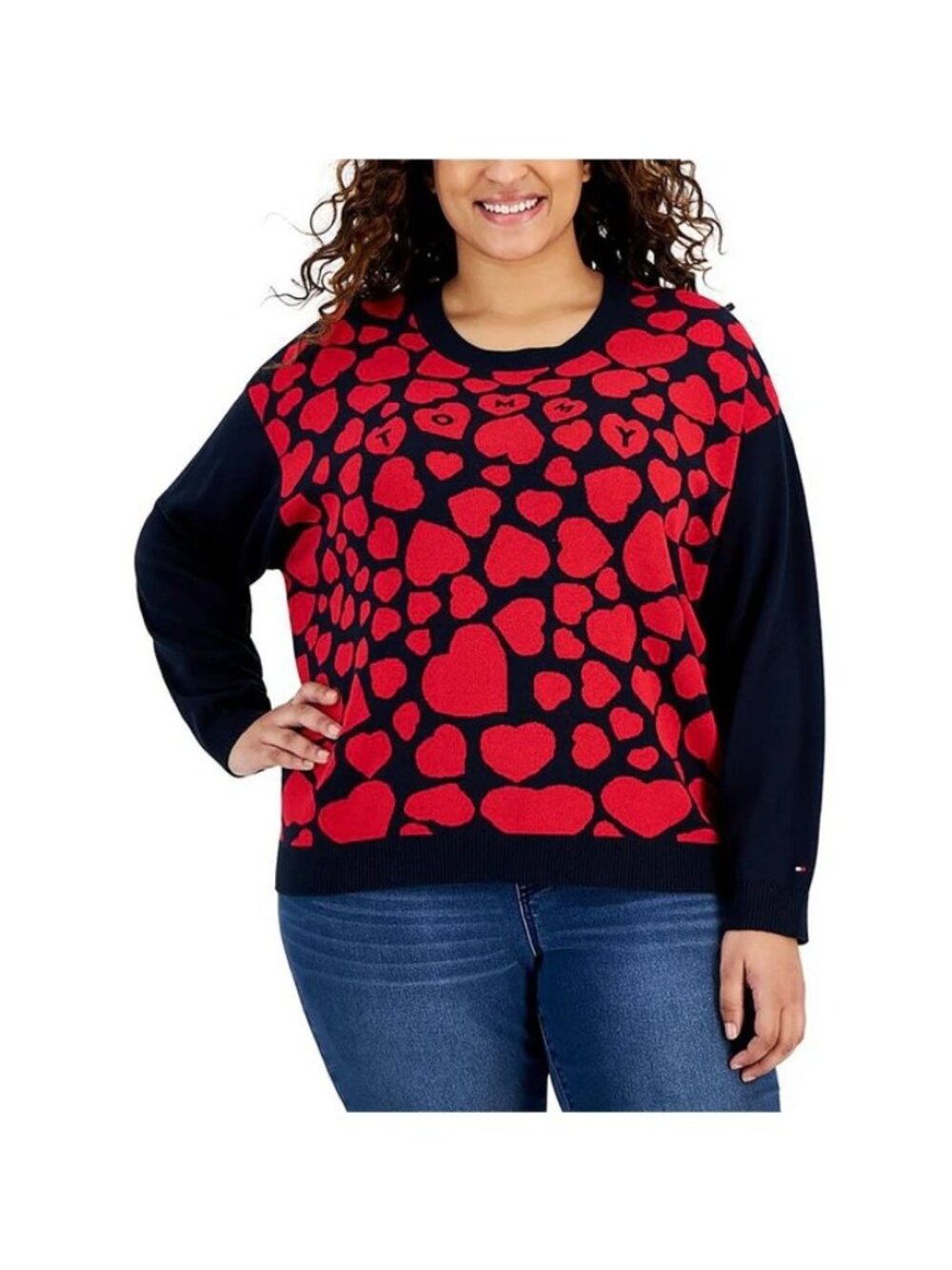 Tommy Hilfiger Women Heart Crewneck Sweater 0X Plus Size Navy Red Logo Knit
